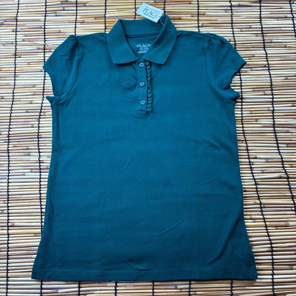 The Childrens Place Girls Spruce Shad Green Ruffle Pique Polo Shirt L 10/12 NWT